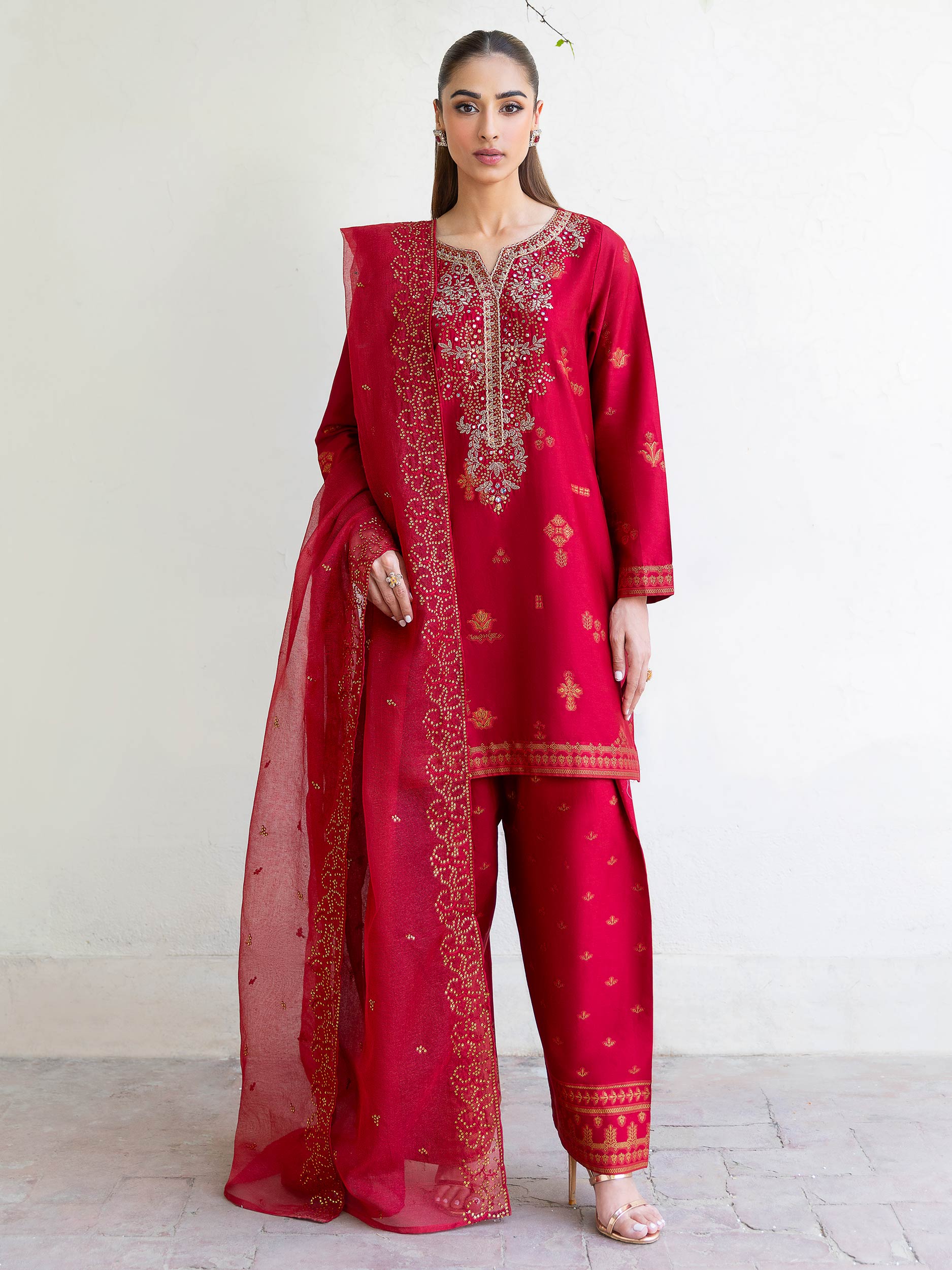 3 Piece Satin Suit-Embroidered (Unstitched)
