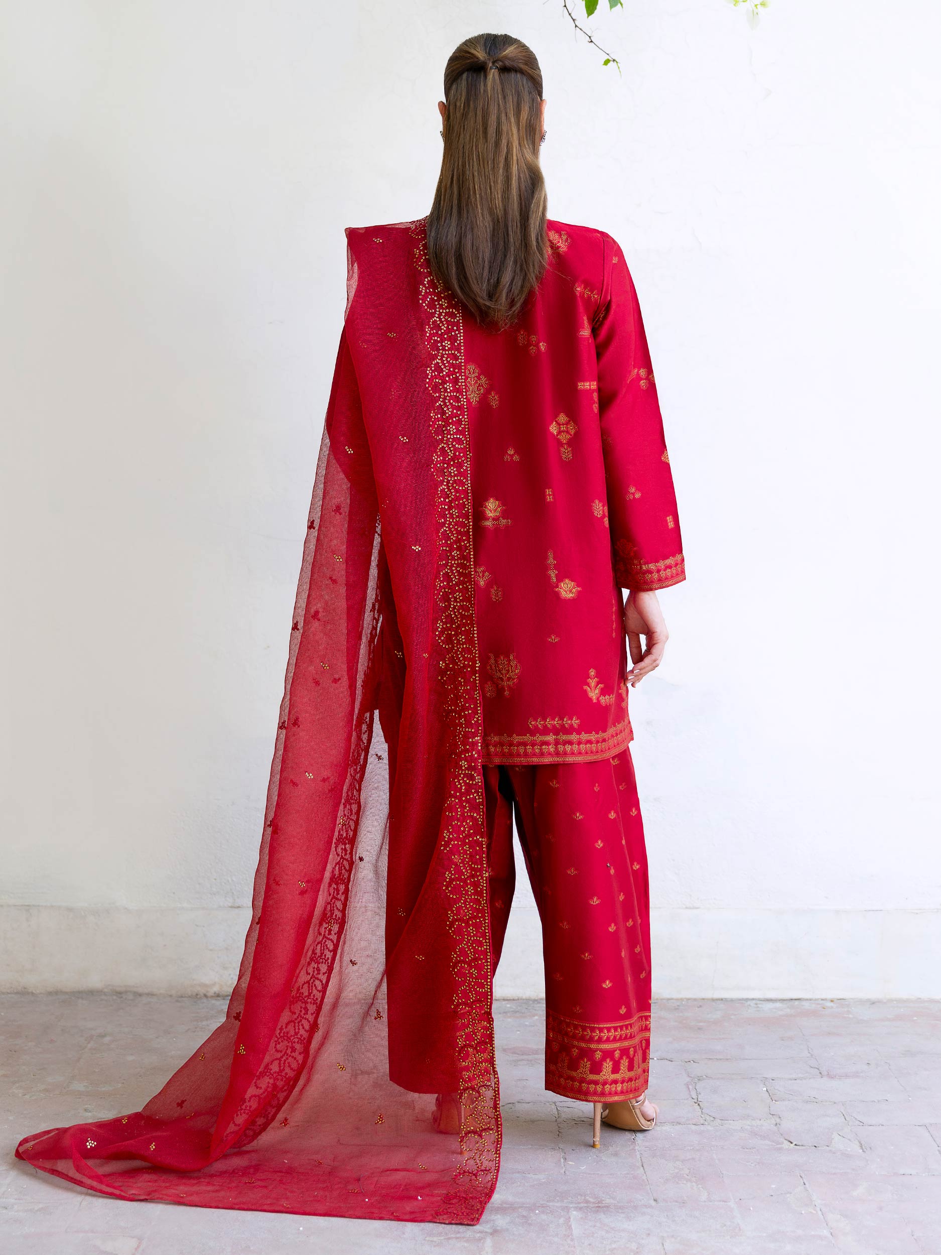 3 Piece Satin Suit-Embroidered (Unstitched)